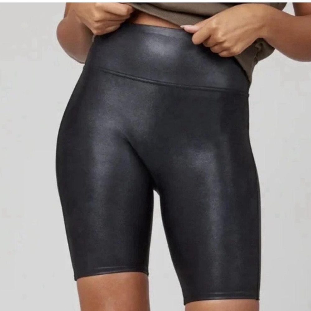 SPANX Shiny Faux Leather High Rise Black Bike Shorts